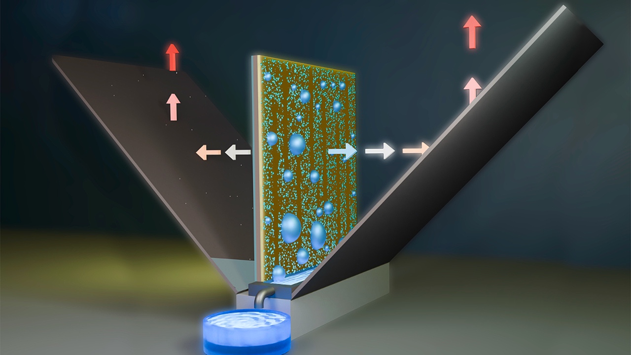 The passive cooling device reflects thermal energy back to the sky while collecting water using only gravity and no electricity.