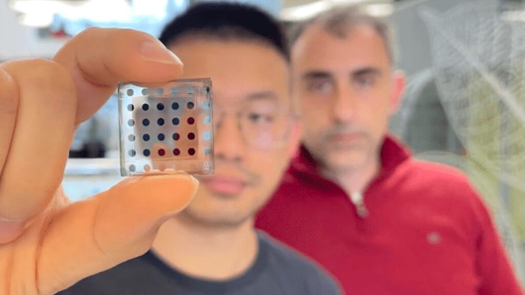 Thin-film technology: ICFO researcher Yongjie Wang holding the new solar cell with Gerasimos Konstantatos.