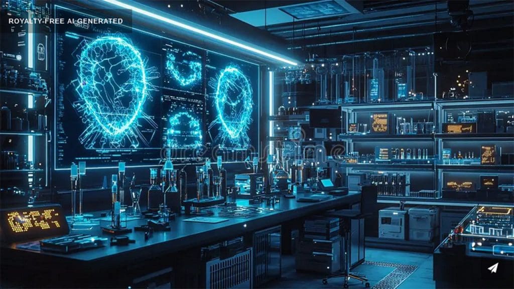 Future Technology Laboratory. A futuristic laboratory filled with advanced technology,