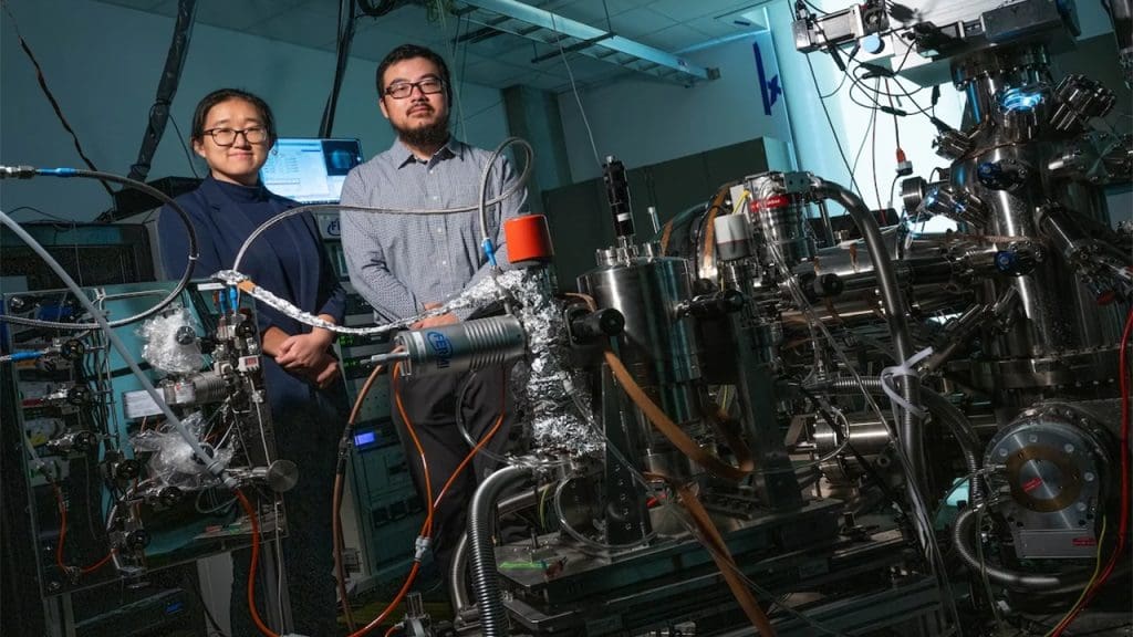 Led by Zheng Ren, right, and Ming Yi, left, a new study on iron tin thin films reshapes scientific understanding of kagome magnets. Photo by Jeff Fitlow