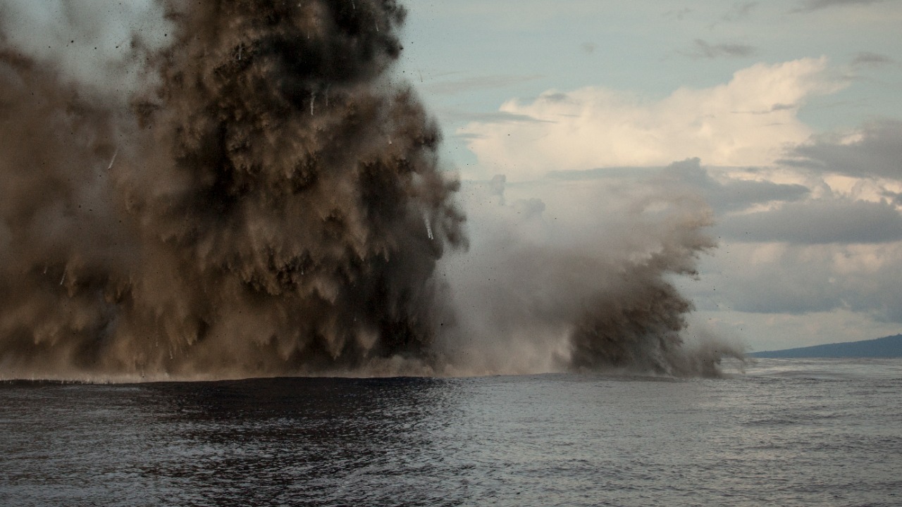 Sharkcano erupts in fiery blast captured from space