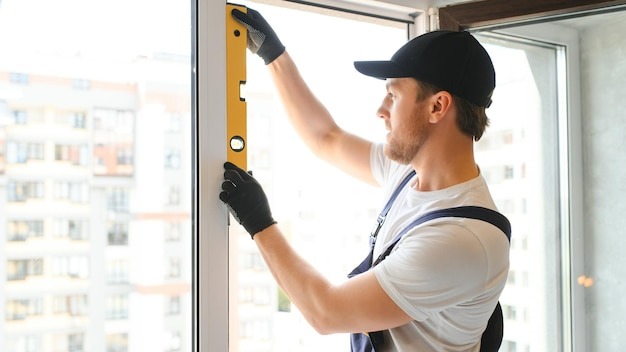 Construction worker repairing window in house