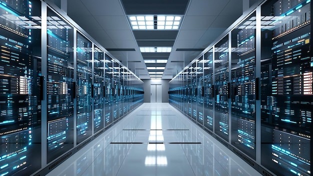 a large computer room with many computers and a large display of blue light