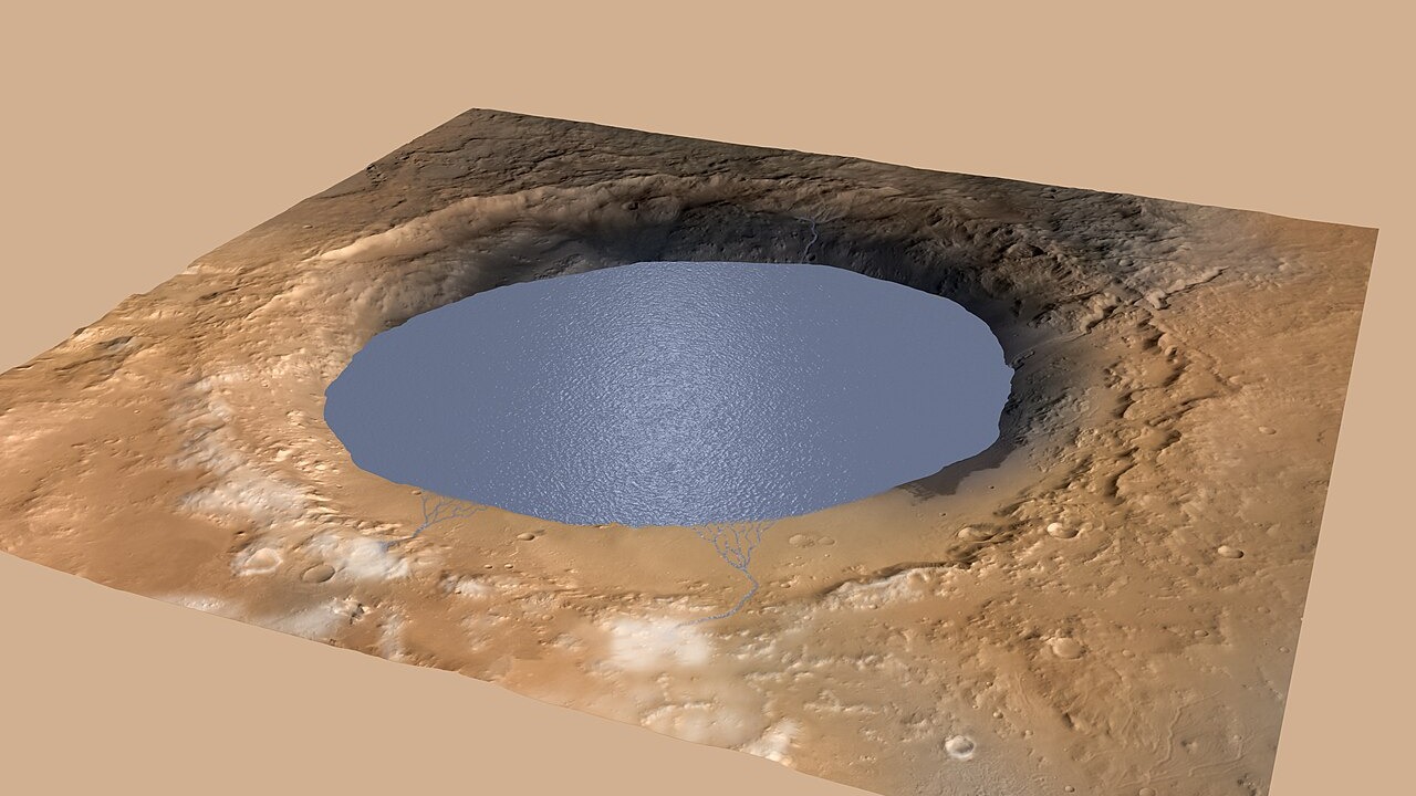 PIA19080 December 8, 2014
Simulated View of Gale Crater Lake on Mars
http://mars.jpl.nasa.gov/msl/multimedia/images/?ImageID=6875
This simulation depicts a lake partially filling Mars' Gale Crater, receiving runoff from snow melting on the crater's rim. Evidence that NASA's Curiosity rover has found of ancient streams, deltas and lakes suggests the crater held a lake such as this more than three billion years ago.
This illustration depicts a lake of water partially filling Mars' Gale Crater, receiving runoff from snow melting on the crater's northern rim. Evidence of ancient streams, deltas and lakes that NASA's Curiosity Mars rover mission has found in the patterns of sedimentary deposits in Gale Crater suggests the crater held a lake such as this more than three billion years ago, filling and drying in multiple cycles over tens of millions of years.
Gale Crater is 96 miles (154 kilometers) in diameter. This view is looking toward the southeast. The land surface in this illustration is the area's modern shape. Three billion years ago, the rim would have been higher and less eroded. A large layered mountain, Mount Sharp, now stands in the middle of Gale Crater. Accumulation of sediments in lakes, deltas, streams and wind-blown deposits is proposed to have formed the layers making up the lower portion of the mountain. When the crater first held a lake, it might have had central peak, much smaller than Mount Sharp, formed as a rebound from the impact that excavated the crater. Such a peak might have appeared as an island in the lake.
This illustration incorporates portions of a simulated oblique view of Gale Crater (http://photojournal.jpl.nasa.gov/catalog/PIA15292) based on elevation data from the High Resolution Stereo Camera on the European Space Agency's Mars Express orbiter, image data from the Context Camera on NASA's Mars Reconnaissance Orbiter, and color information from Viking Orbiter imagery. The appearance of snow is added as part of the simulation of conditions from billions of years ago. The lake is depicted filling the crater approximately to the elevation where Curiosity found lakebed sediments in the "Pahrump Hills" outcrop at the base of Mount Sharp.
For more information about the Mars Science Laboratory mission and the mission's Curiosity rover, visit http://www.nasa.gov/msl and http://mars.nasa.gov/msl/.