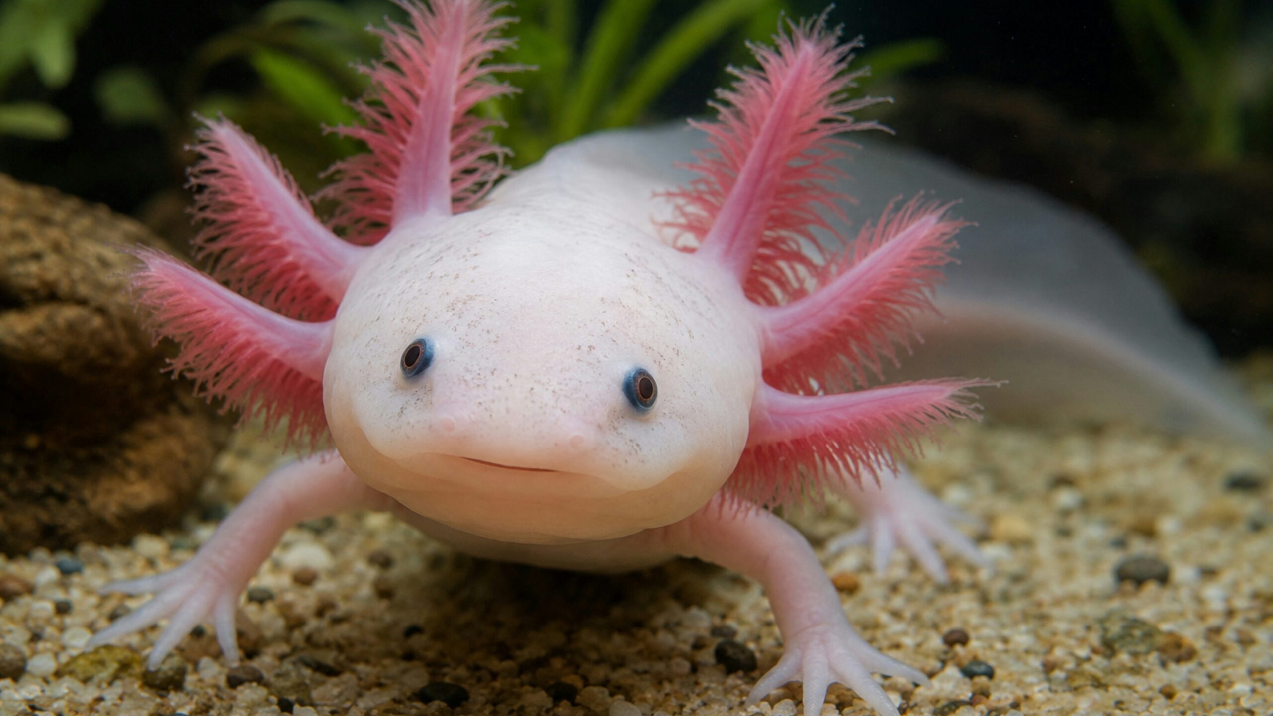 A cute pink axolotl on a sandy bottom.