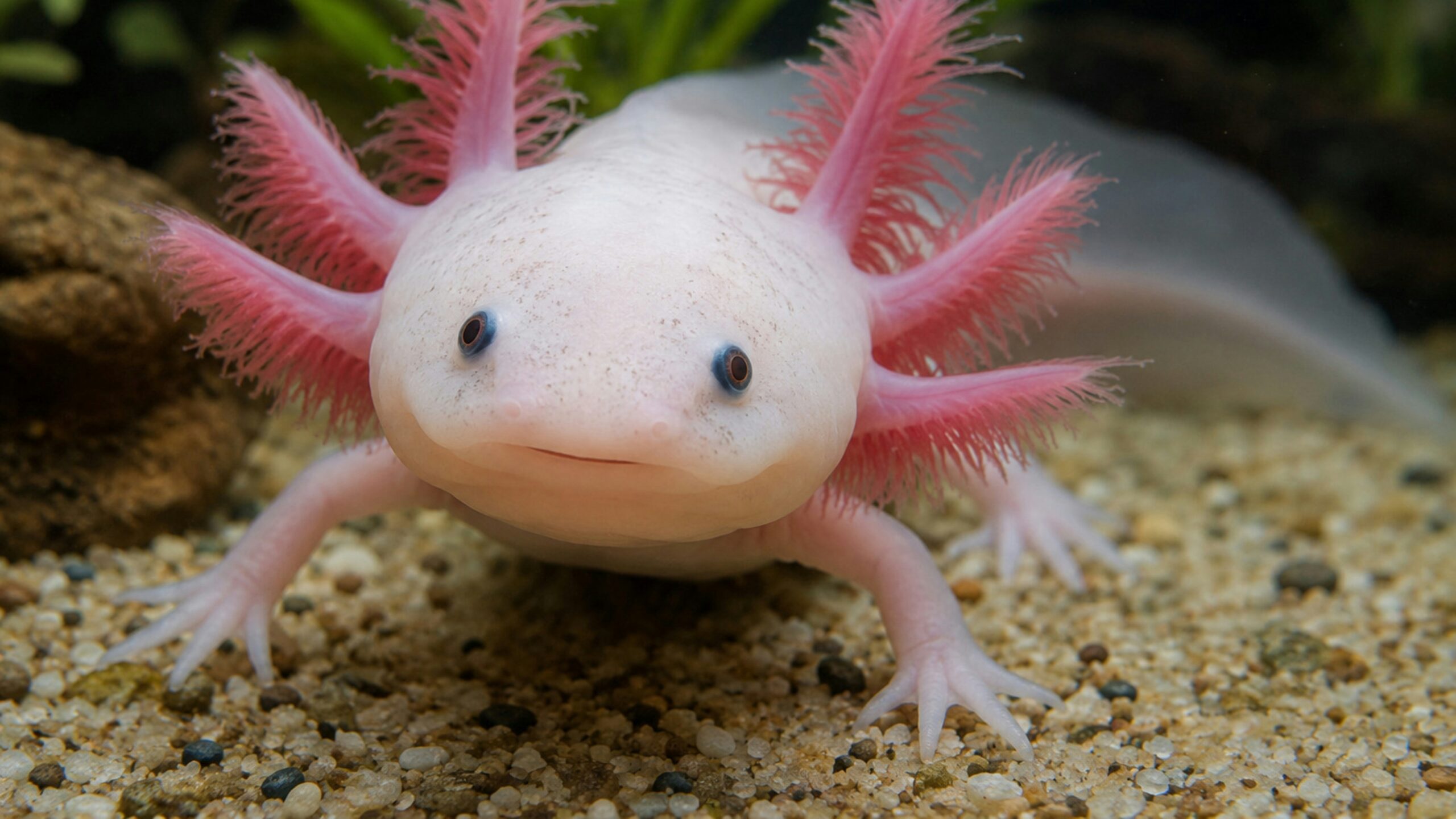 A cute pink axolotl on a sandy bottom.